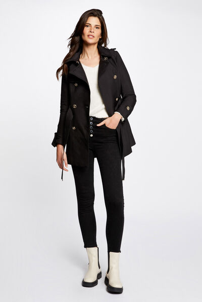 Straight belted trenchcoat with hood black ladies'