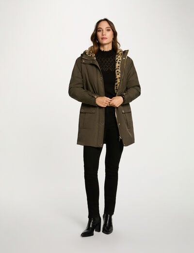 Long parka with faux fur khaki green women