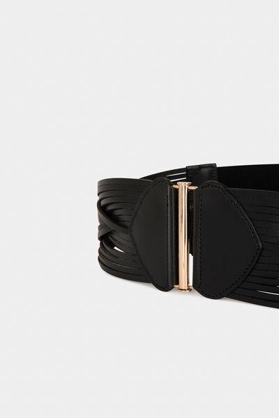 Elasticised leather belt with straps black ladies'
