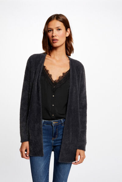 Long cardigan with fluffy knit anthracite grey ladies'