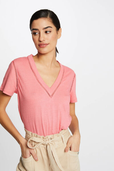 Short-sleeved t-shirt with V-neck pink ladies'