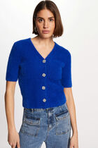 Pull manches courtes à boutons bleu electrique femme
