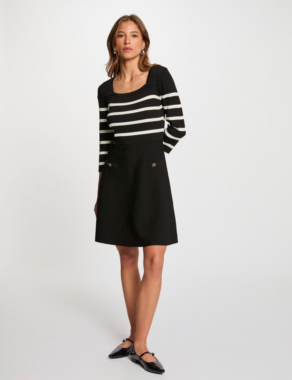 Robe tricot trapéze à rayures noir femme