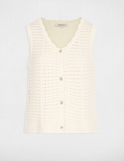 Sleeveless openwork cardigan ivory women