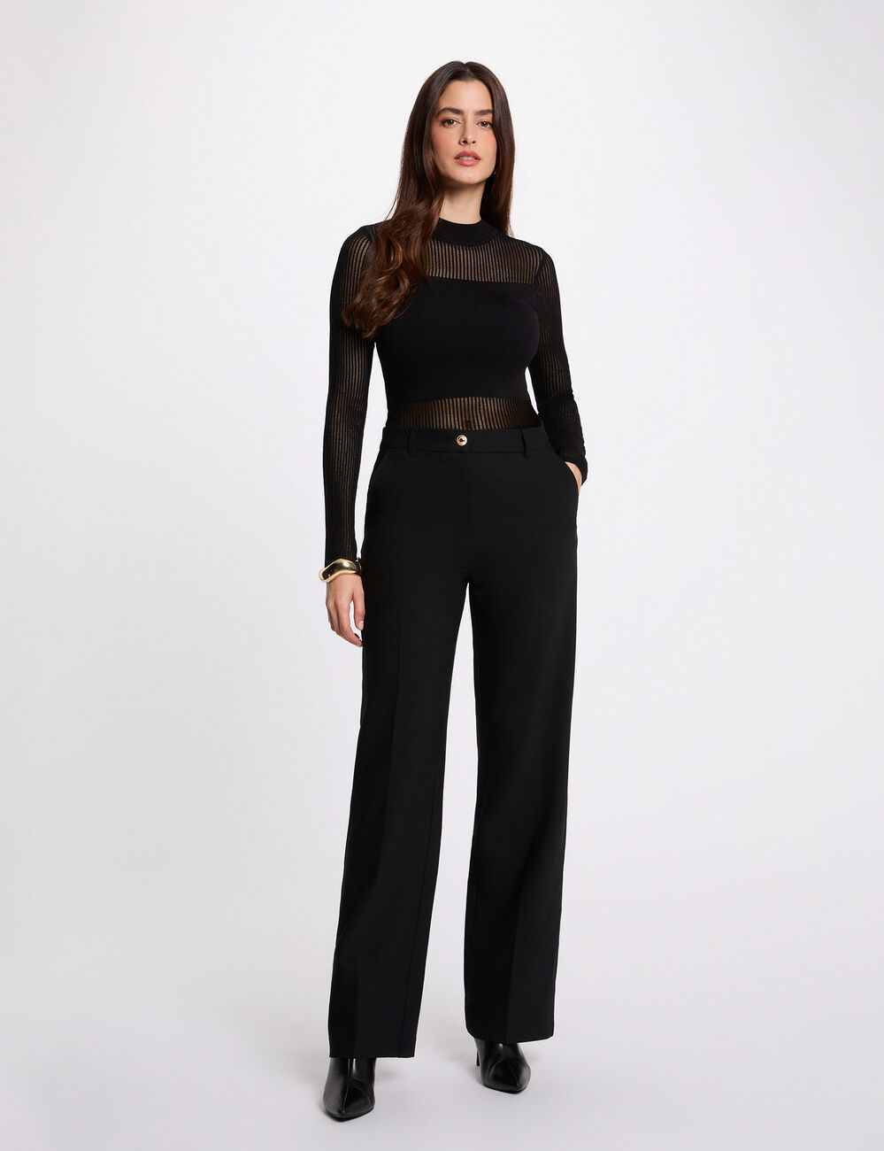 High neck openwork sweater black women