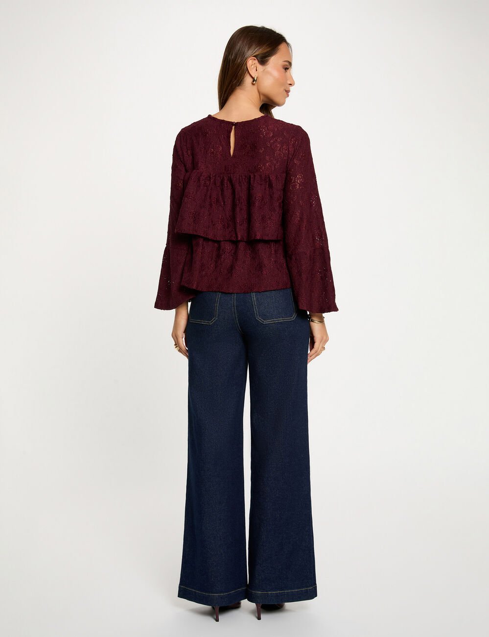 Lace t-shirt with ruffles bordeaux women