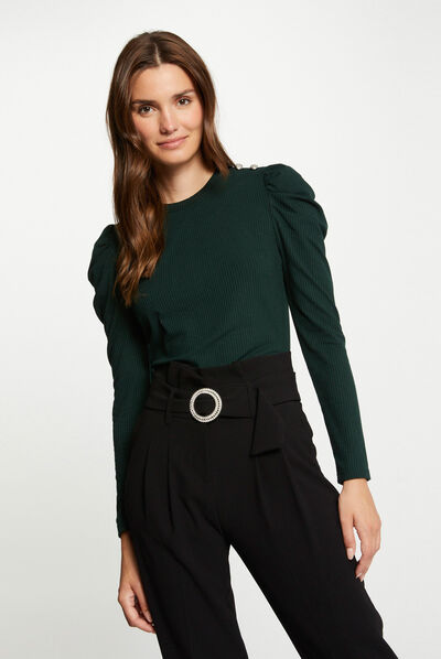 Ribbed long-sleeved t-shirt dark green ladies'