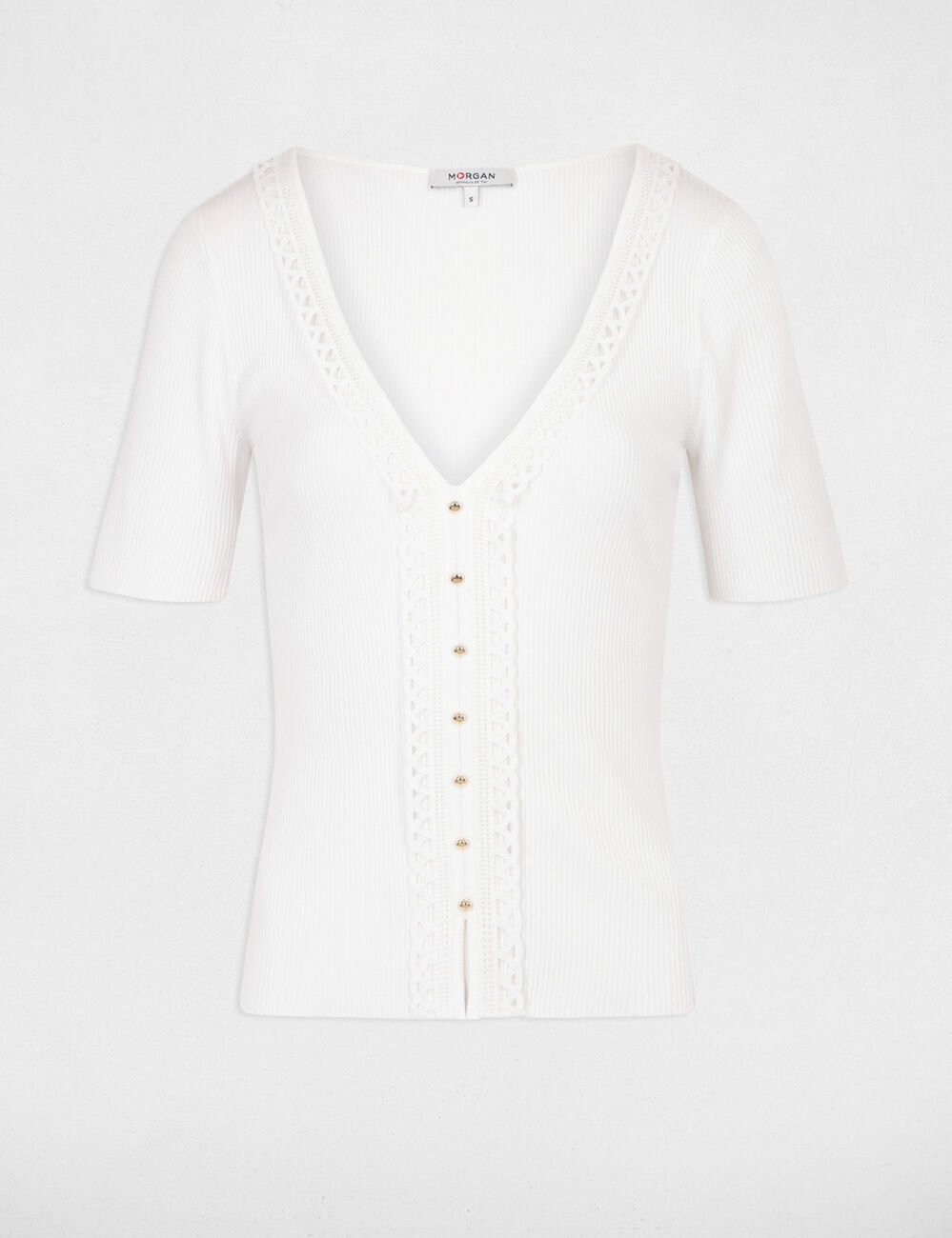 Jumper V-neck short sleeves ecru women