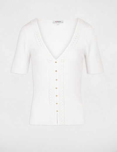 Jumper V-neck short sleeves ecru women