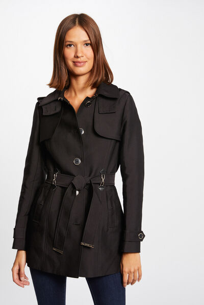 Straight belted trenchcoat with hood black ladies'