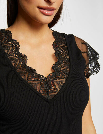 Short-sleeved jumper with lace black ladies'