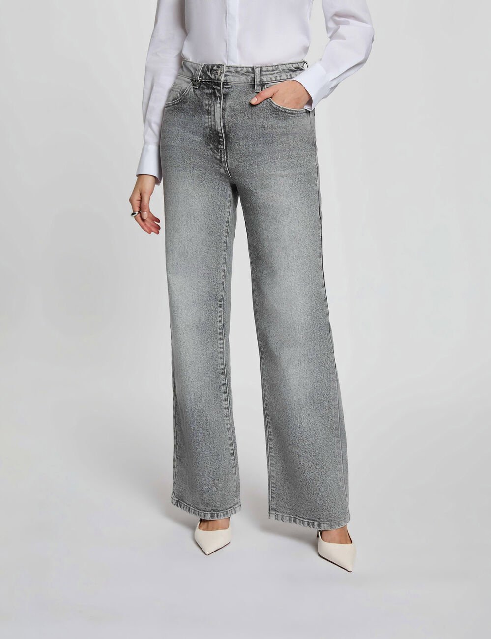 High-waisted wide-leg jeans denim snow grey women