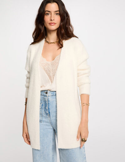 Long cardigan with fluffy knit ivory women