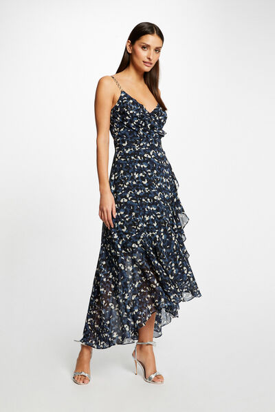 Maxi A-line dress with abstract print blue ladies'