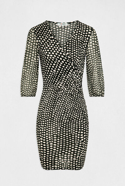 Draped fitted dress polka dot print black ladies'