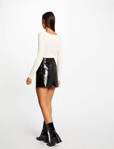 Buttoned straight skirt vinyl effect black ladies'