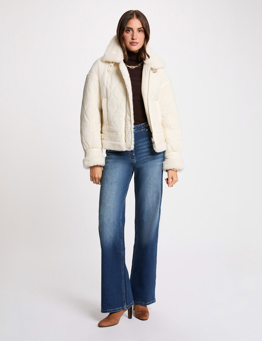 Fitted short puffer jacket ivory women