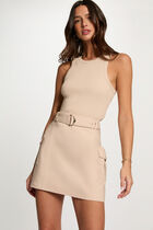 Belted fitted mini dress beige women