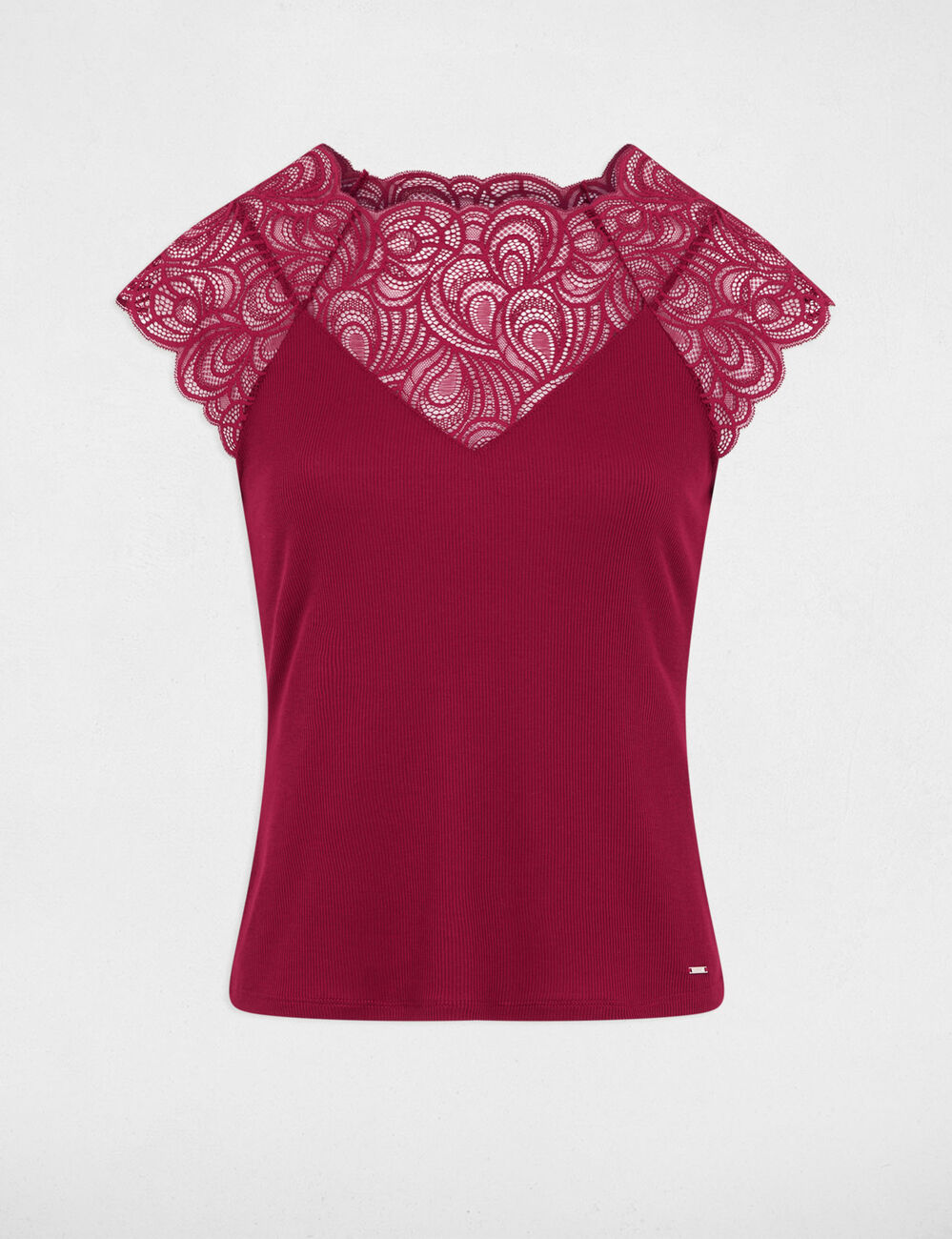Lace t-shirt with round neck bordeaux women