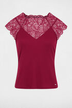 Lace t-shirt with round neck bordeaux women