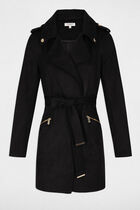 Belted long suede coat black women