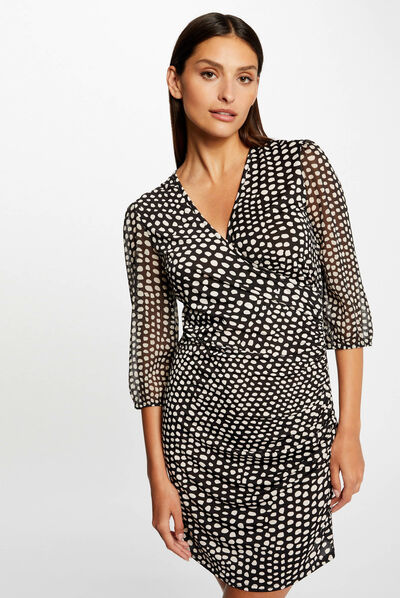Draped fitted dress polka dot print black ladies'