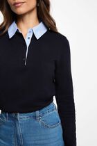 Pull col chemise bleu marine femme