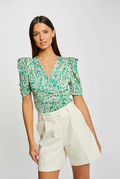 Short-sleeved shirred printed t-shirt multico ladies'