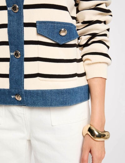 Striped cardigan lapel collar ivory women