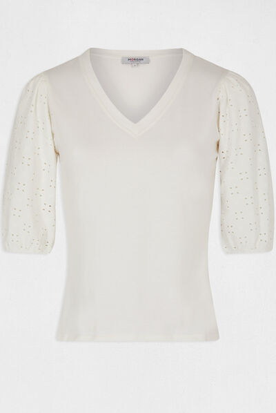 Embroidered 3/4-length sleeved t-shirt ecru ladies'