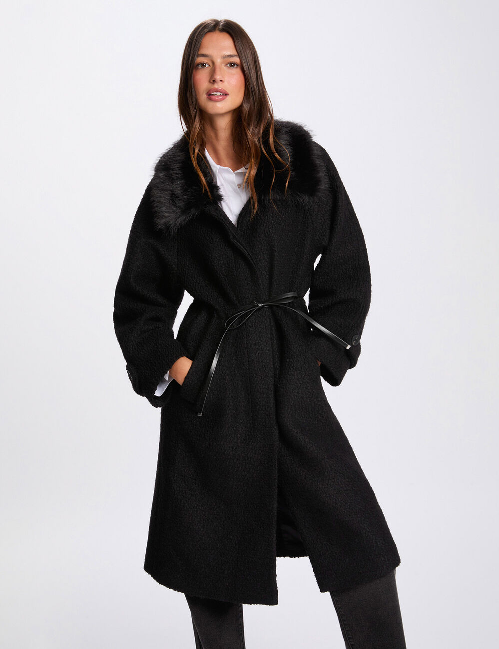 Long faux fur coat black women