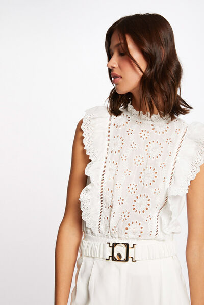 Vest top wide straps with embroidery ecru ladies'