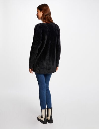 Long cardigan with fluffy knit black ladies'