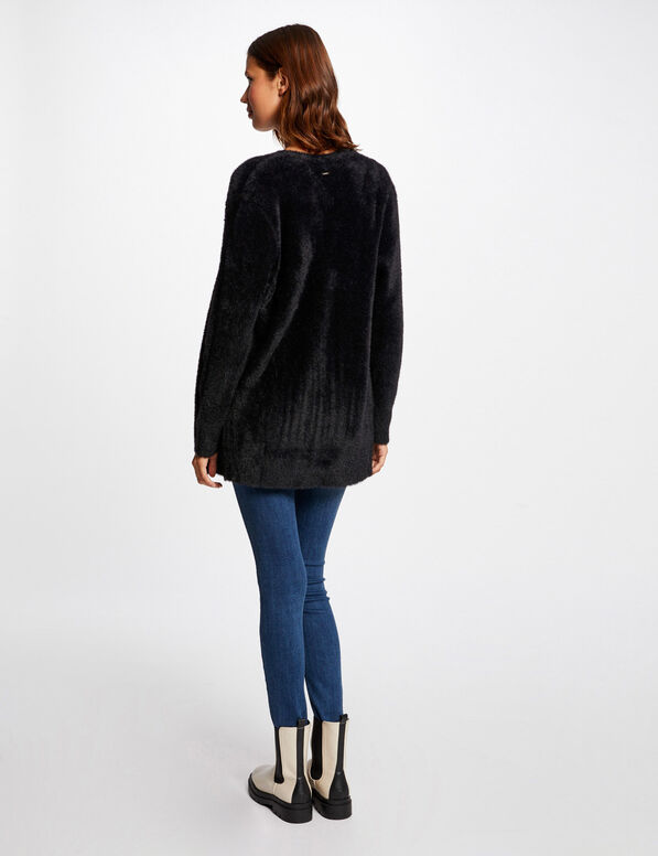 long cardigan with fluffy knit black women Long cardigan with fluffy knit black women