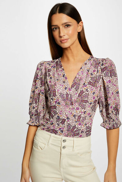 3/4-length sleeved t-shirt vegetal print multico ladies'