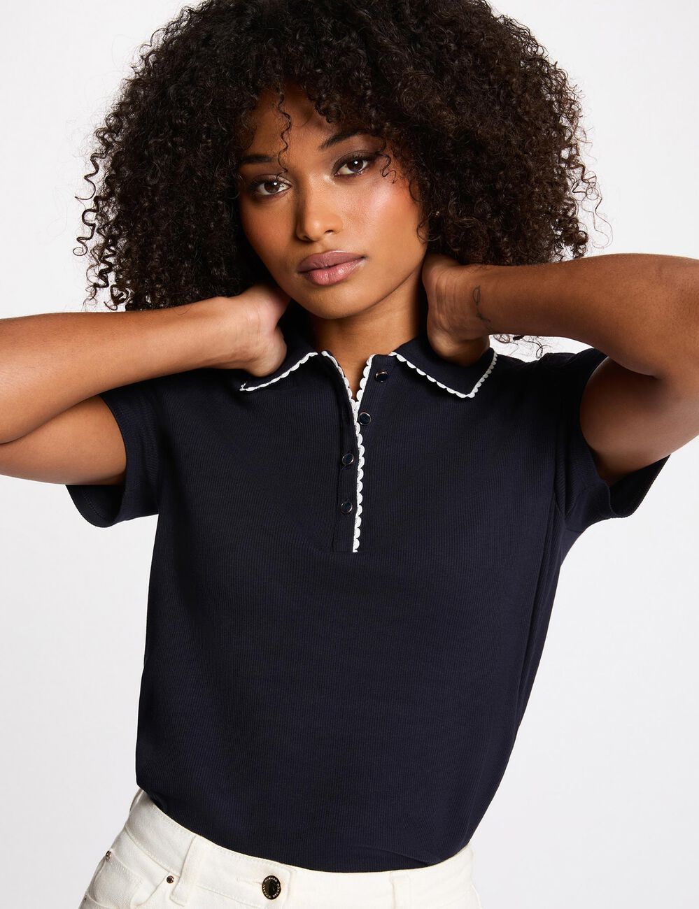 Fitted top with notch collar navy blue women