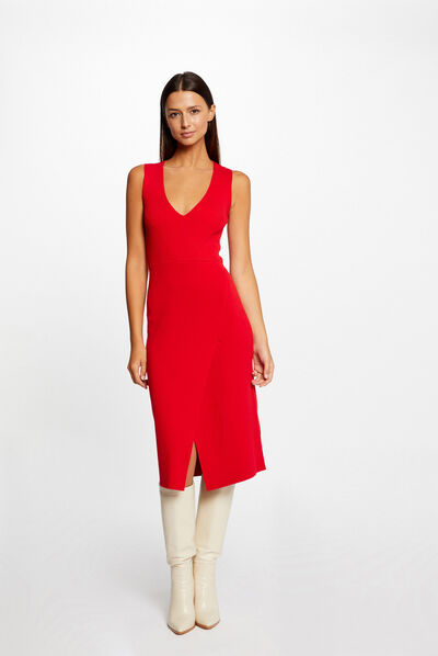 Fitted midi jumper dress with V-neck red ladies'