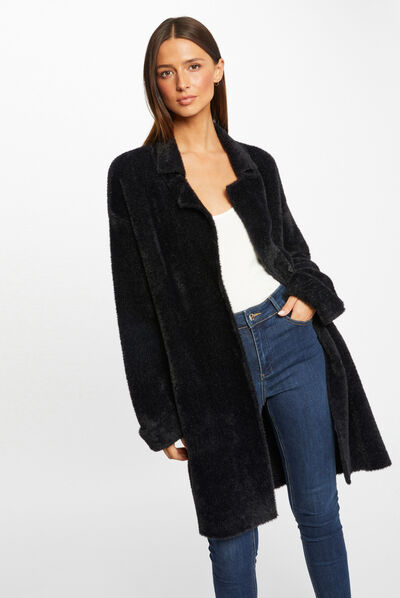 Long straight cardigan fluffy knit black ladies'