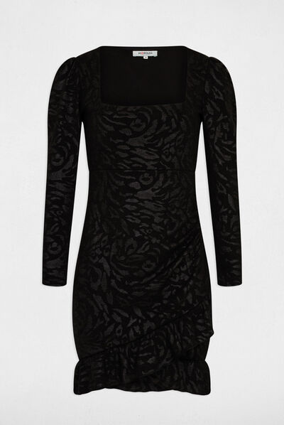 Draped fitted dress abstract print black ladies'
