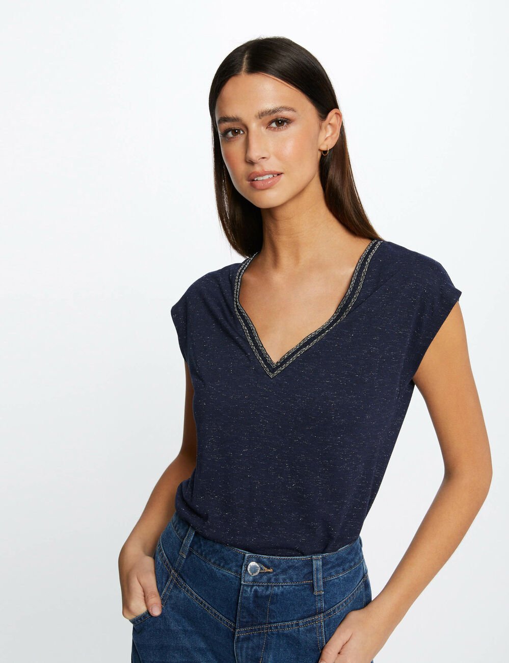 T-shirt manches courtes à col en V marine femme