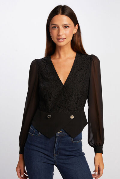 Long-sleeved blouse with lace black ladies'