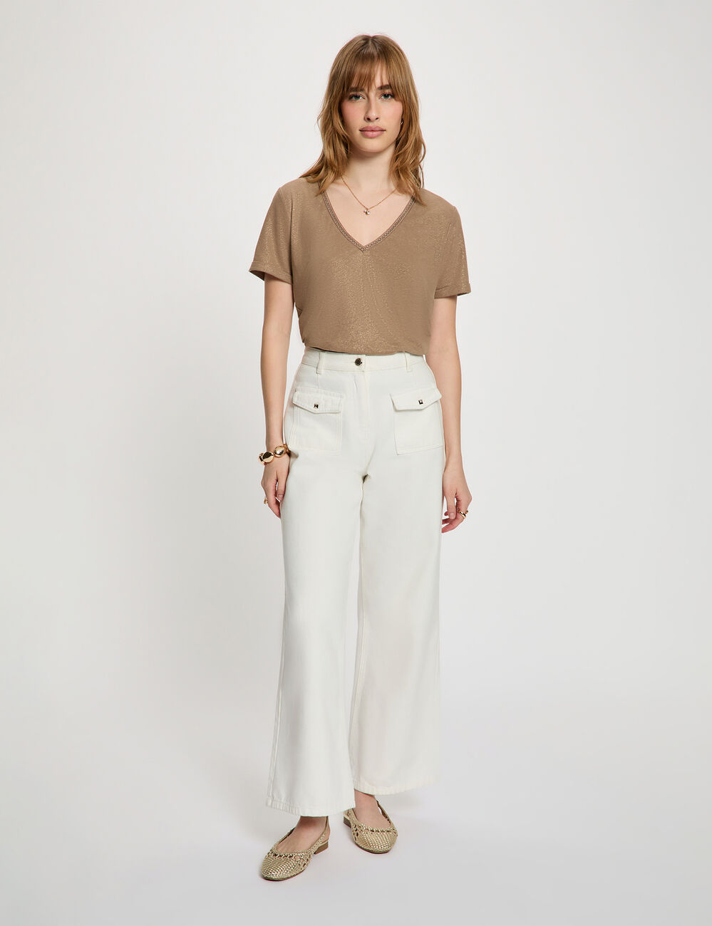 Pearl-embellished v-neck t-shirt taupe women
