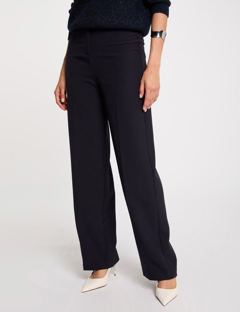 Straight trousers with darts navy blue women
