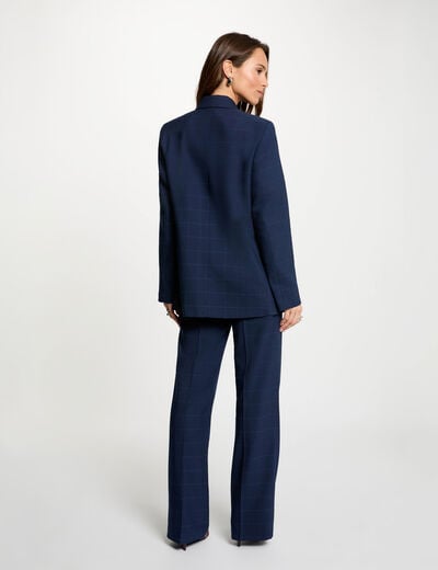 Checked straight blazer navy blue women
