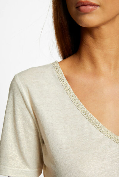 Short-sleeved t-shirt with V-neck ecru ladies'