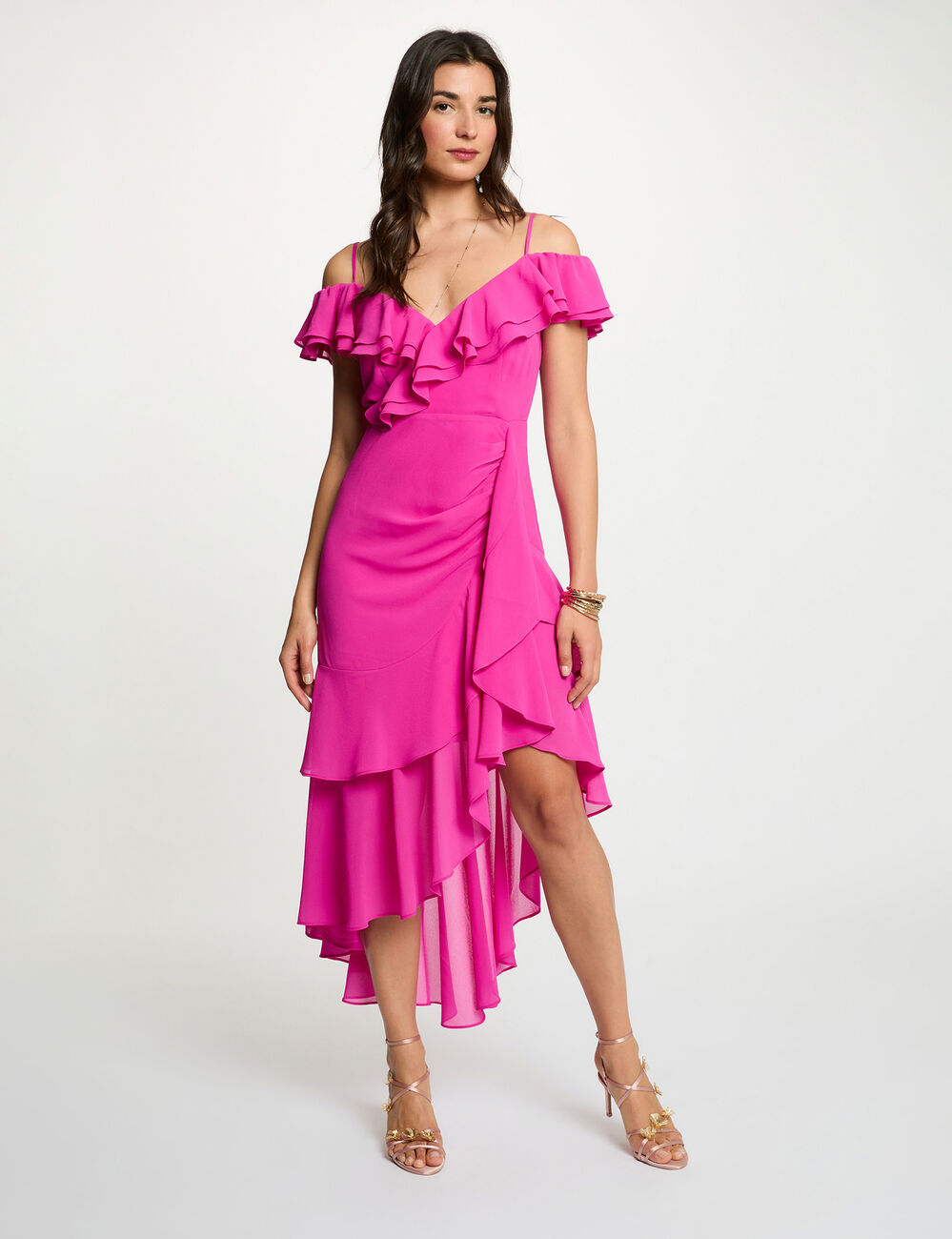 Straight midi dress ruffles raspberry pink women