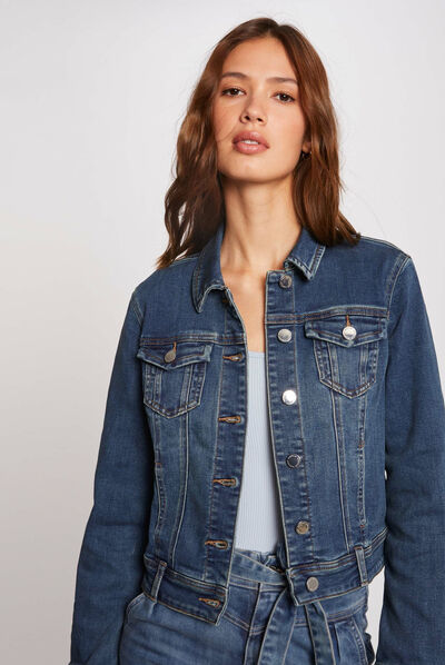 Straight buttoned denim jacket stone denim ladies'