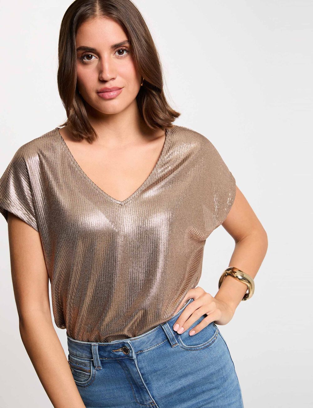 Ribbed v-neck t-shirt bronze color women