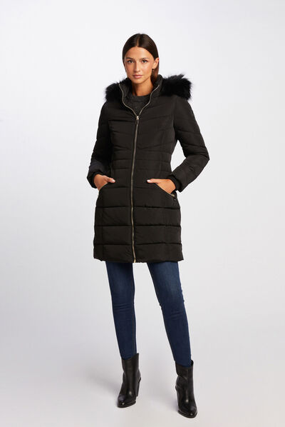 Long waisted padded jacket with hood black ladies'