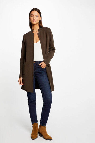 Long straight cardigan with open collar dark green ladies'